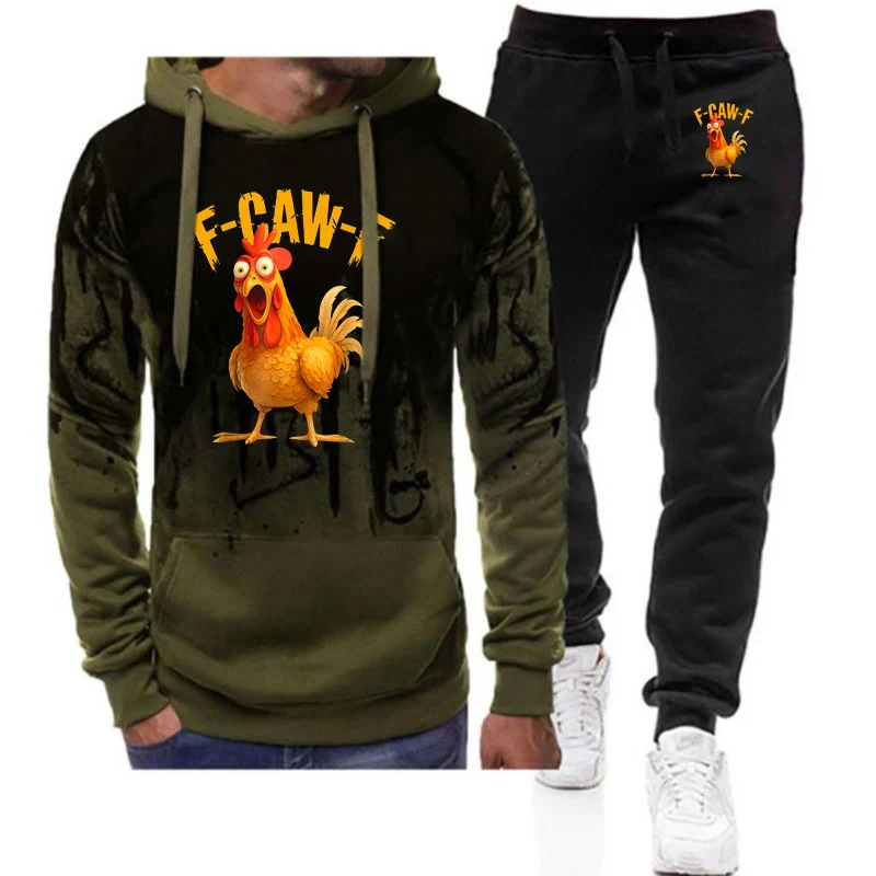 F Caw F Chicken FCAWF Printing Men's New Spring Autumn Casual Pullover Hoodie+Sweatpants Harajuku Gradient Color Two Piece Suit