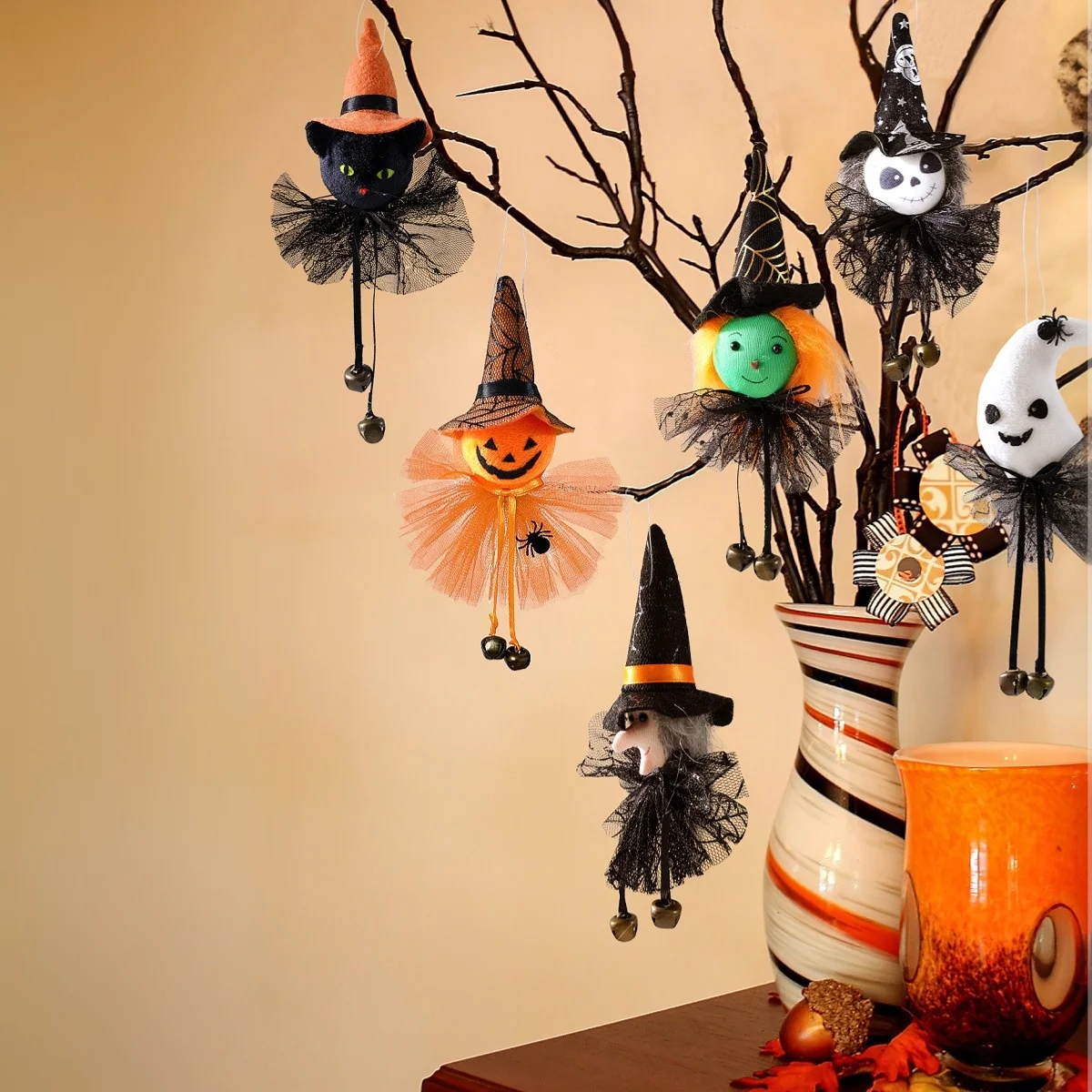 1PC, Halloween fabric small decoration, witch pumpkin ghost black cat skull with bells and net fabric decorative pendant