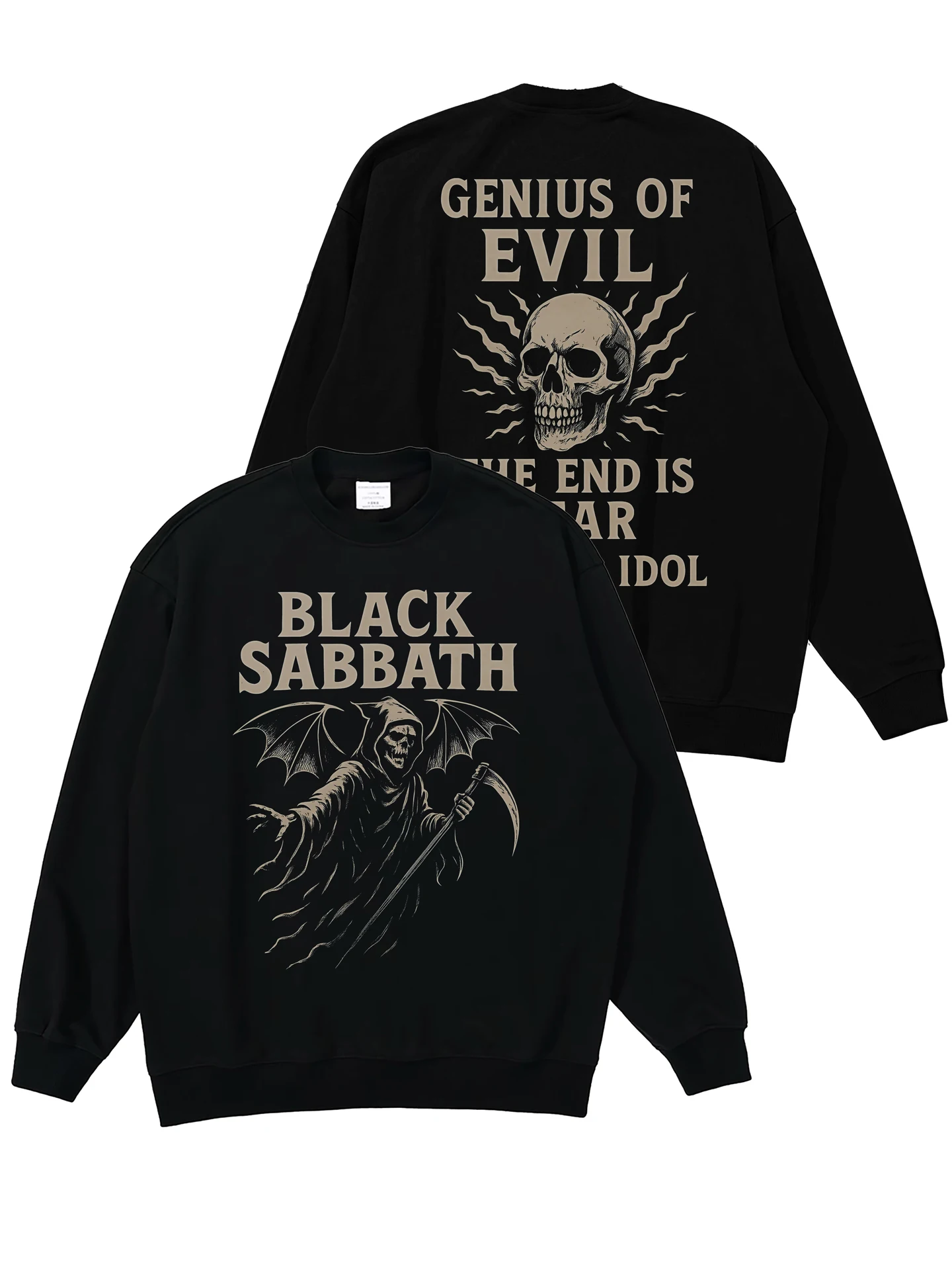 Black Digital Direct Print Vintage Loose round Neck Sweatshirt for Youth Rock Band Day off Cotton Comfortable Breathable Long...