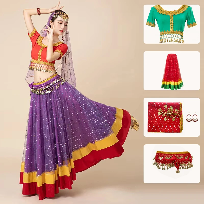 

Indian Dance Belly Dance Festival Costume Big Skirt Long Skirt Group Annual Meeting Professional Performance Costume Female 6Pcs