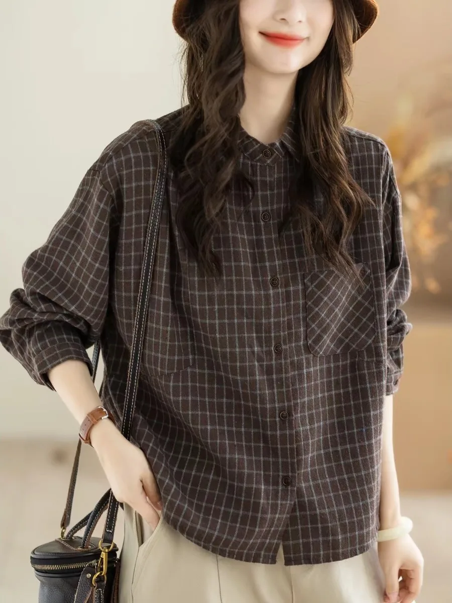 Camisa Casual de Algodón para Mujer, Estilo Retro, Otoño 2026, Nuevo Diseño, Patrón a Cuadros con Espalda de Tortuga, Manga L...