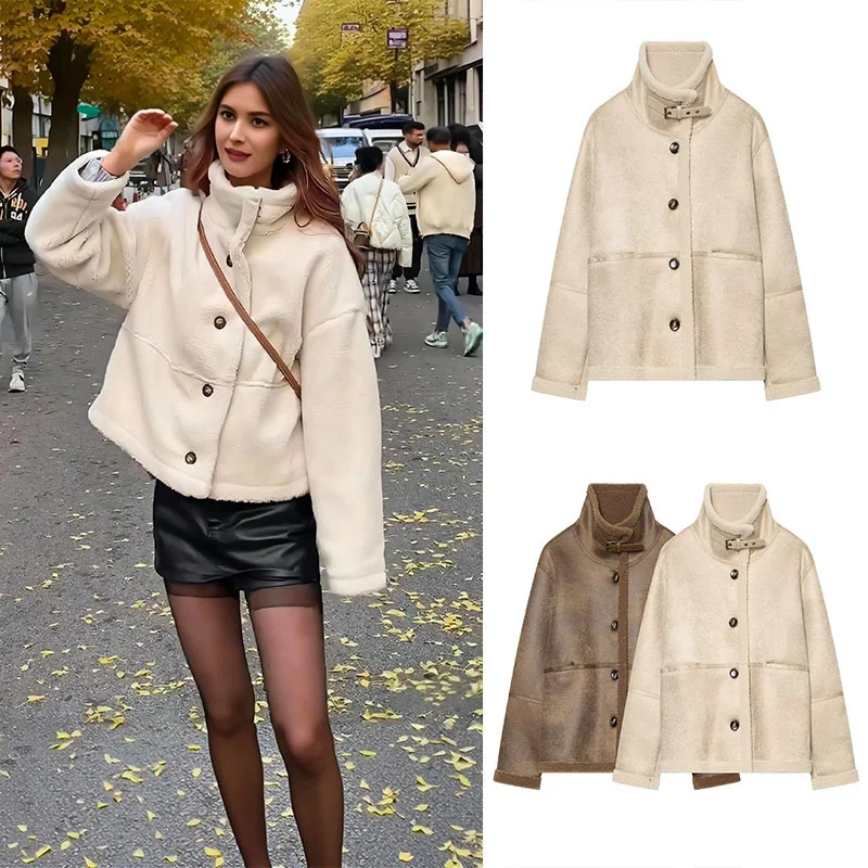 Guobioziy Women's Plush Stand Collar Jacket 2026 Fall/Winter New Version Solid Color Design European Casual Fashion Trend Street