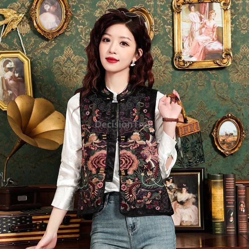 

Spring Autumn Women Vest Embroidered Stand-up Collar Vest Vintage Chinese Style Traditional Buckle Top Tang Suit Jacket