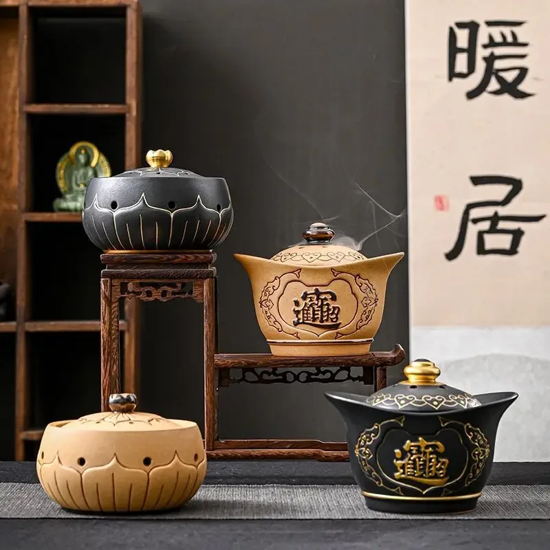 Coarse Ceramic Lotus Shape Incense Burner, Retro Indoor Aroma Rack Chinese Zen Tea, Living Room Decor, Home Fragrance Stove, 1Pc