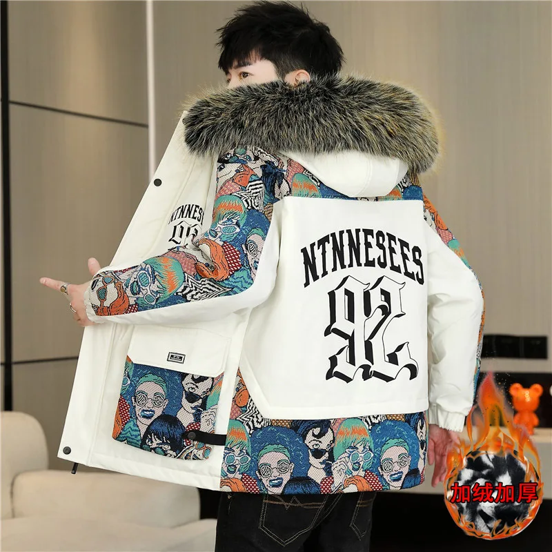 New Men Winter Fleece Jacket Thick Warm Hooded Fur Collar Coat Print Outerwear Mens Thick Coat