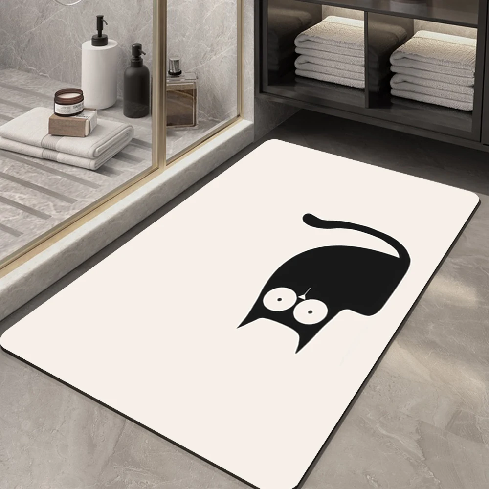 Off White Big Eyed Cartoon Kitty Diatom Bath Rug Round Face Black Cat Print NonSlip Fast Absorb Dry Floor Mat for Shower Indoor