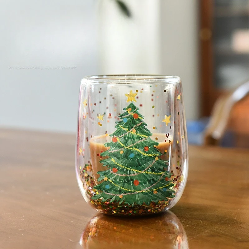 

New Christmas Tree Cup with Heat-resistant and Non Scalding Double-layer Flowing Sequins Cartoon Double Cute Design