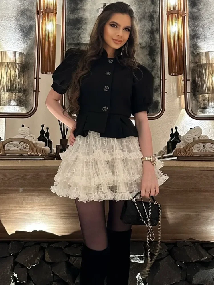 Malha renda pompadour vestido em camadas retalhos lanterna manga fino ajuste falso duas peças feminino fofo vestidos curtos gaze vestido de festa