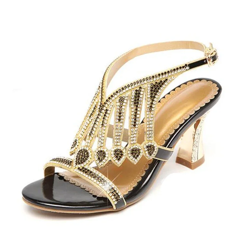 BEYARNE  Summer Style Gold Coloured High Heeled Sandals Rhinestone Wedding Shoes Diamond Buckle Women Qualities