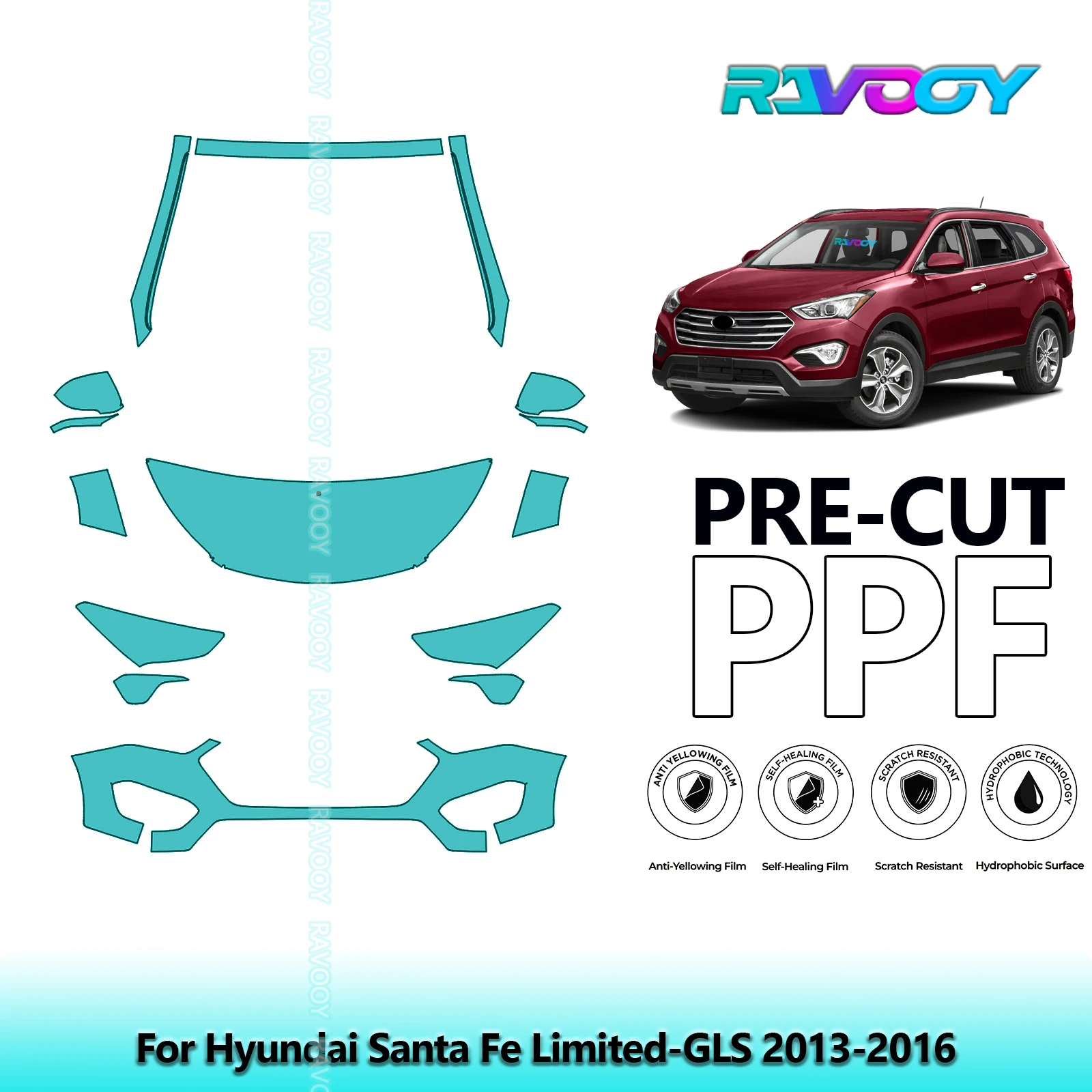 

8.5Mil Precut Paint Protection Film PPF Clear Bra Front Kit For Hyundai Santa Fe Limited-GLS 2013-2016