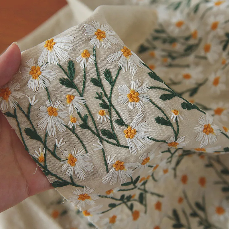 50x135cm Retro Daisy Embroidery Cotton Linen Fabric 3D Flower Fashion Art DIY Bag Clothing Tablecloth Cover Sewing Accessories