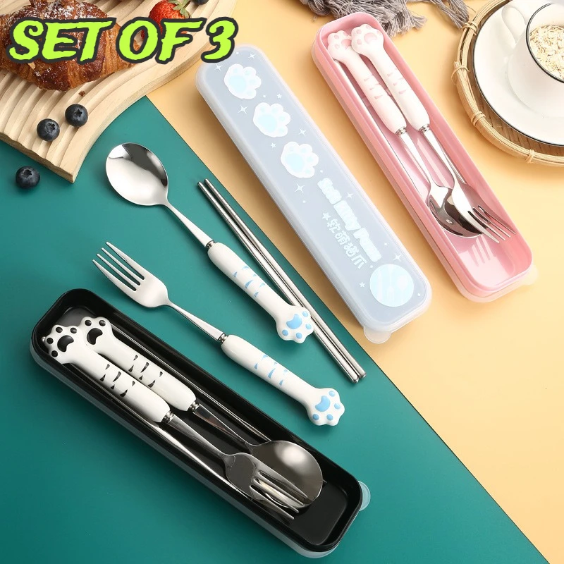 

Set of 3 Ceramic Handle 304 Stainless Steel Tableware With Box Creative Cute Cat Claw Fork Spoon Eat Fruit Salad Birthday Gift