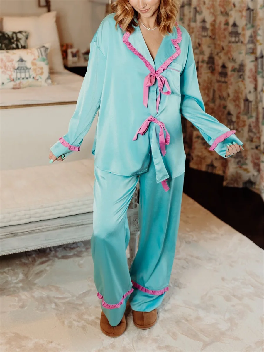 Women Ruffled Pajama Set Lapel Neck Bow Tie-up Long Sleeve Tops Long Pants 2-Piece Loungewear Outfit