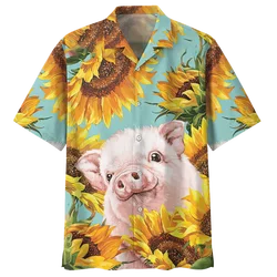 Cartoon Pig Pattern Hawaiian Shirt For Men 3D Printed Animals Short Sleeves Summer Lapel Casual  Shirts Street Button Blouses