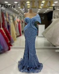 Vestido de noche largo de sirena azul para mujer, vestidos de fiesta con perlas de cristal, vestido de novia con abertura elegante, vestido Maxi de noche de Dubai