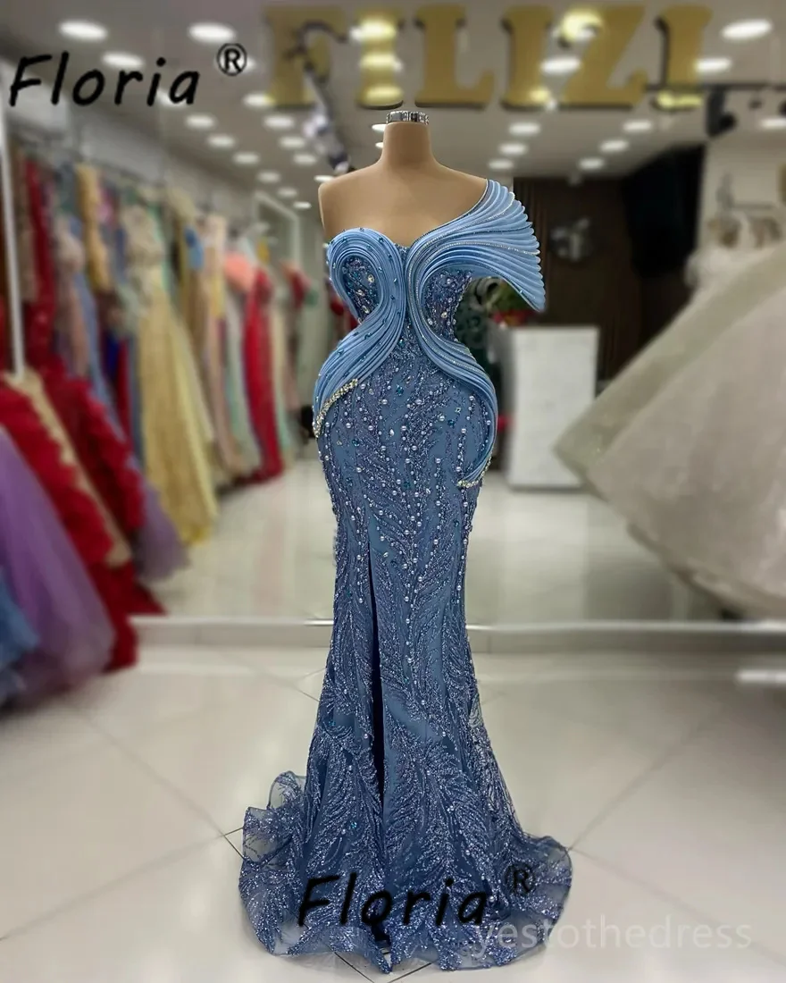 Long Blue Mermaid Evening Dresses Pearls Crystal Party Gowns For Woman Elegant Slit Wedding Dress Maxi Dress Dubai Night Gown