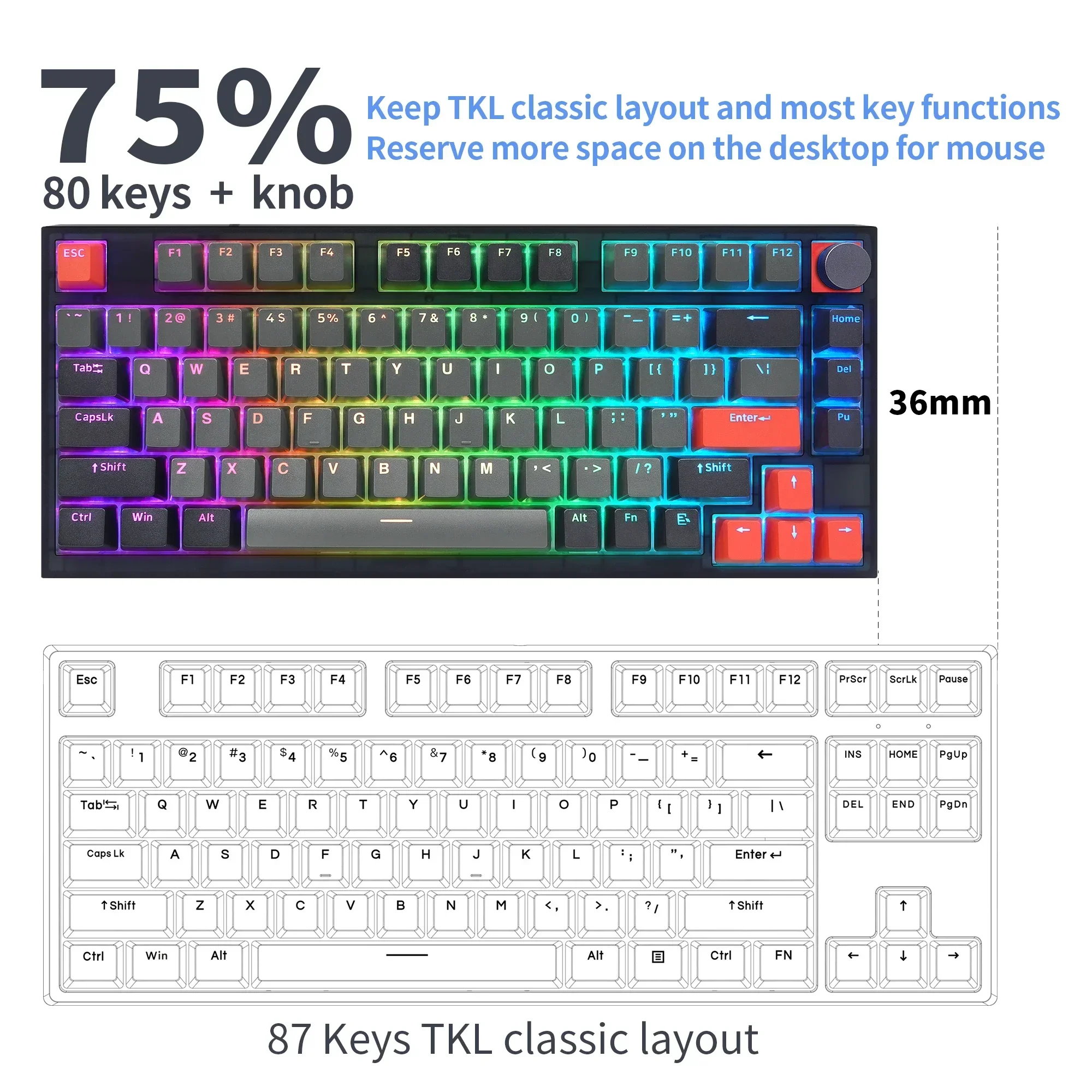 Skyloong-Teclado mecánico GK75 RGB, interruptores amarillos ópticos intercambiables en caliente, perilla PBT, tapa de tecla con cable 75% Lite, Junta WIN/MAC Gaming