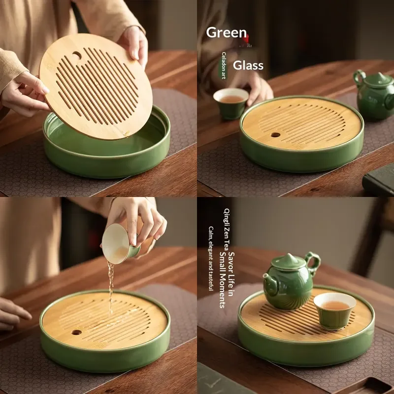 

【CHIMU HOME】 Modern Simplicity Green Glaze Dry Bubble Plate for Ceramic Water Storage Tray Small Drain Table Holder
