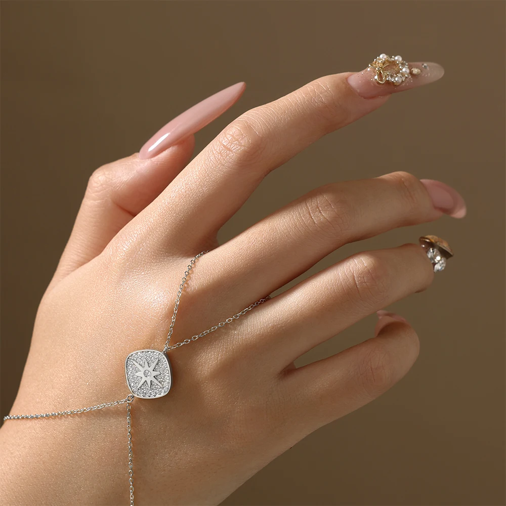 ATTAGEMS سوار وخاتم بتصميم سلسلة يد عتيقة من أتاجمز للنساء، مصنوع من الفضة عيار 925 ومطلي بالذهب عيار 18 قيراطًا، مرصع بأحجار المويسانايت، هدية مثالية للحفلات والخطوبة #2