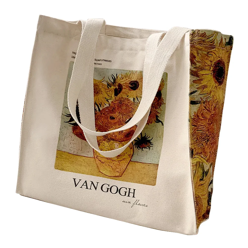 Canvas Tote Bag Aesthetic Vintage, Oil Painting Graphic Trendy School Tote Bags with Zipper Interior Pockets Shoulder Tote Bags