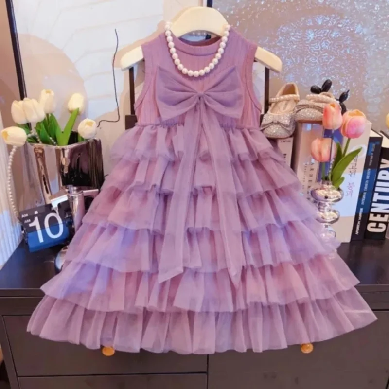 

TOY-Summer New High-End Girls' Bowknot Sleeveless Dress2025Trendy Girl's Mesh Puffy Princess Dress