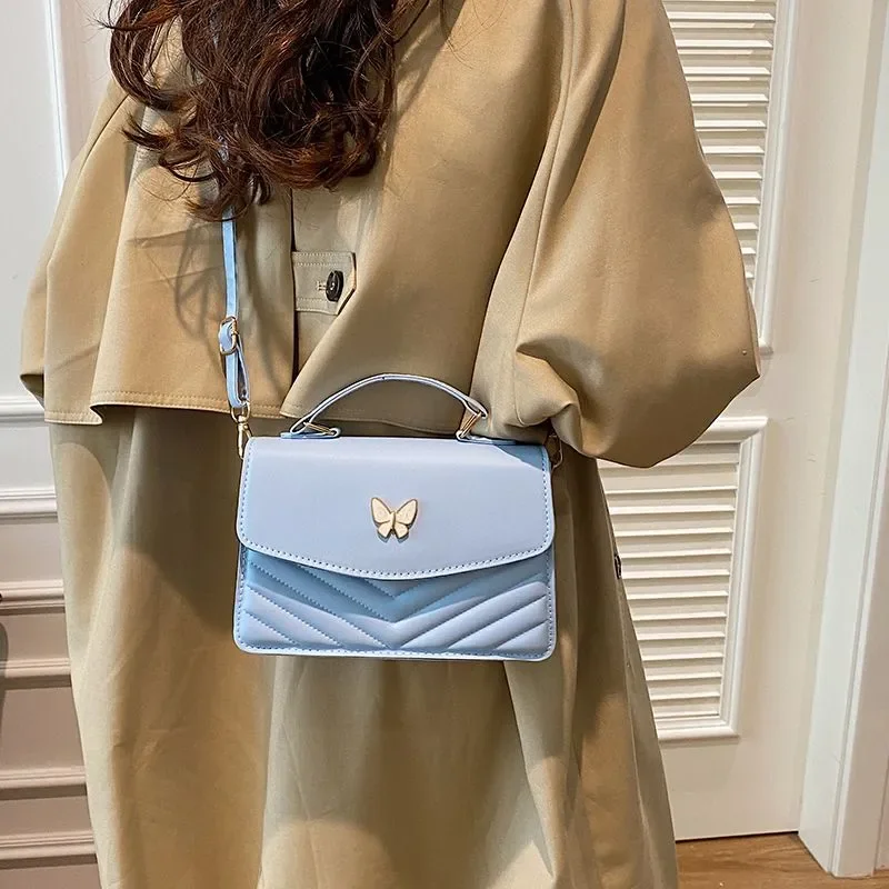 

PU Leather Butterfly Decor Crossbody Bag, Women's Small Square Shoulder Bag, Quilted Flap Satchel Purse With Top Handle