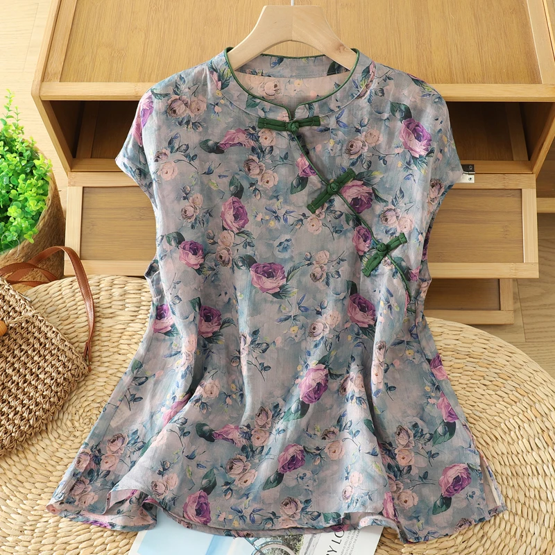 

Summer New Sle Thin Cotton Linen Retro Versatile Side Buttoned Top T-irt Floral Casual Ladies irt Regular Length Single...
