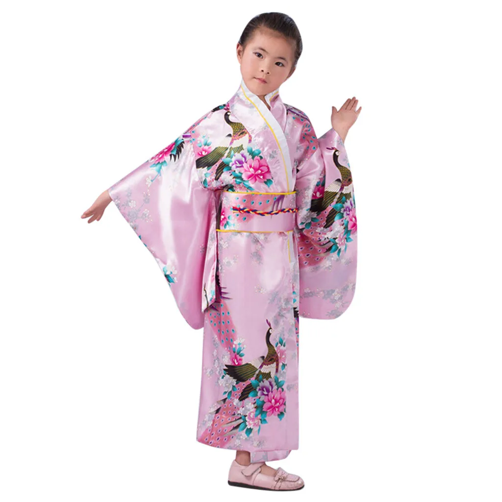 4-10 Year Loose Style Japanese Satin Peacock Print Dress Toddler Kids Baby Girls Outfits Clothes Kimono Robe Traditional Costume