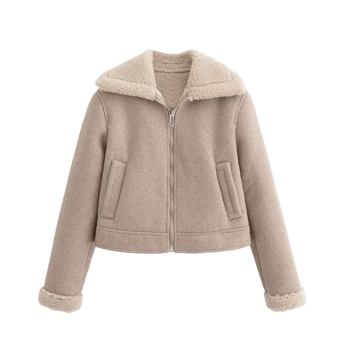 

Women's 2025 new fashion side pocket short warm Fur Faux Leather jacket Coat retro long sleeved zipper women's Coat chic top