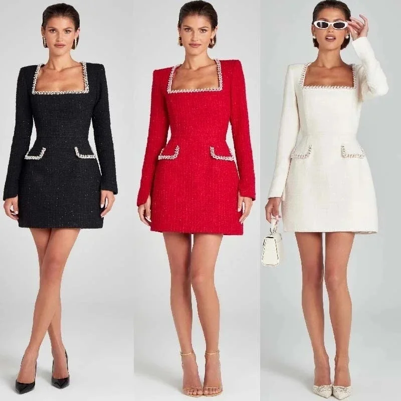 

Spring 2026 Women's White Nail Bead Long Sleeve Female Dresses Lady Slim Party Club Vestido New Elegant Square Collar Mini Dress