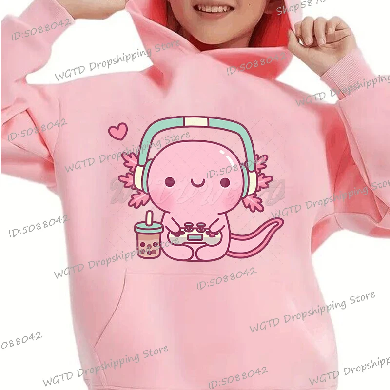 Cute Axolotl Playing Games Hoodie Boys Girls Sweatshirts Anime Axolotl Streetwear Long Sleeve Pink Y2K Sudaderas Kids Hoodies