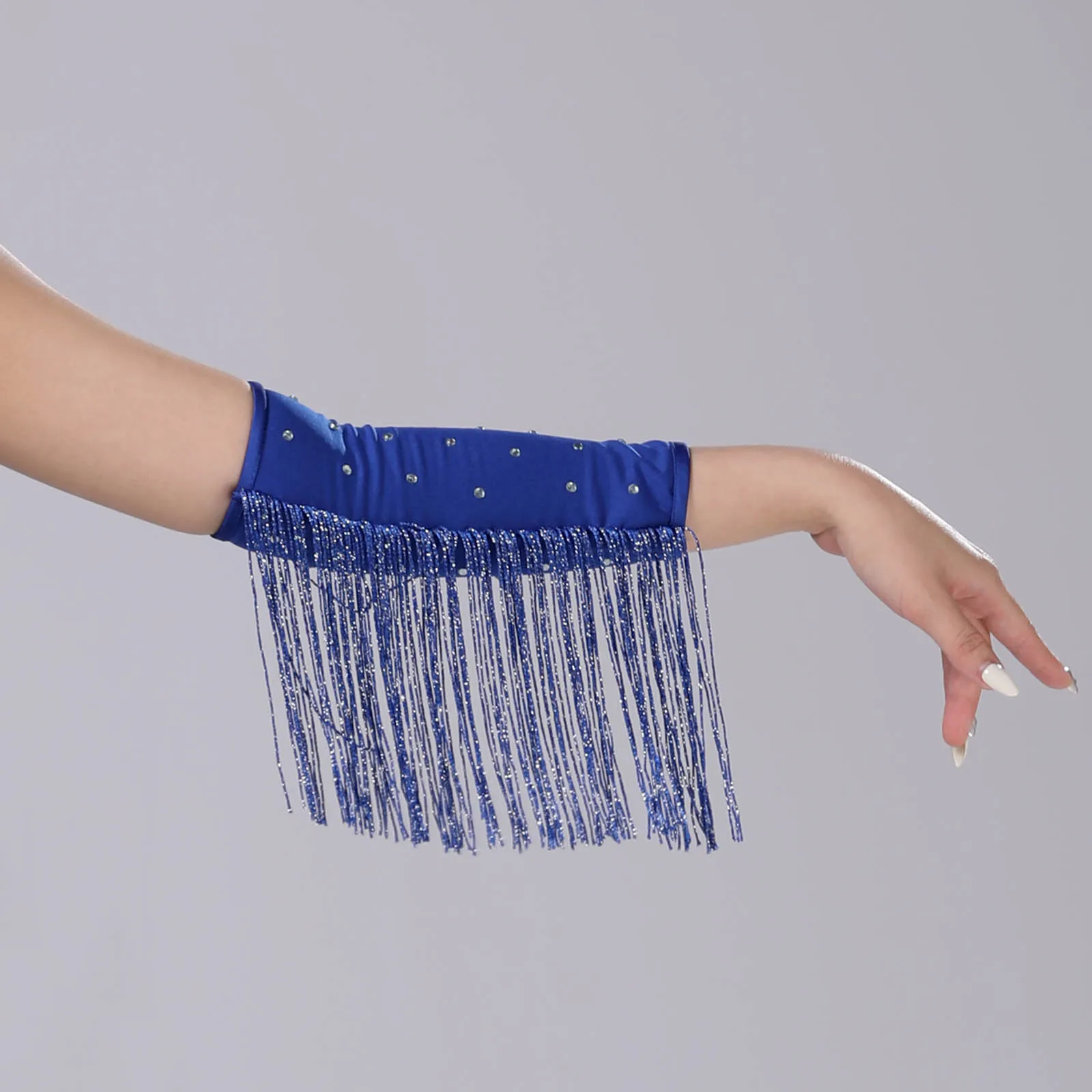 قفازات الرقص النسائية اللامعة بشراشيب وأحجار الراين وأكمام المعصم قفازات لامعة للملحقات