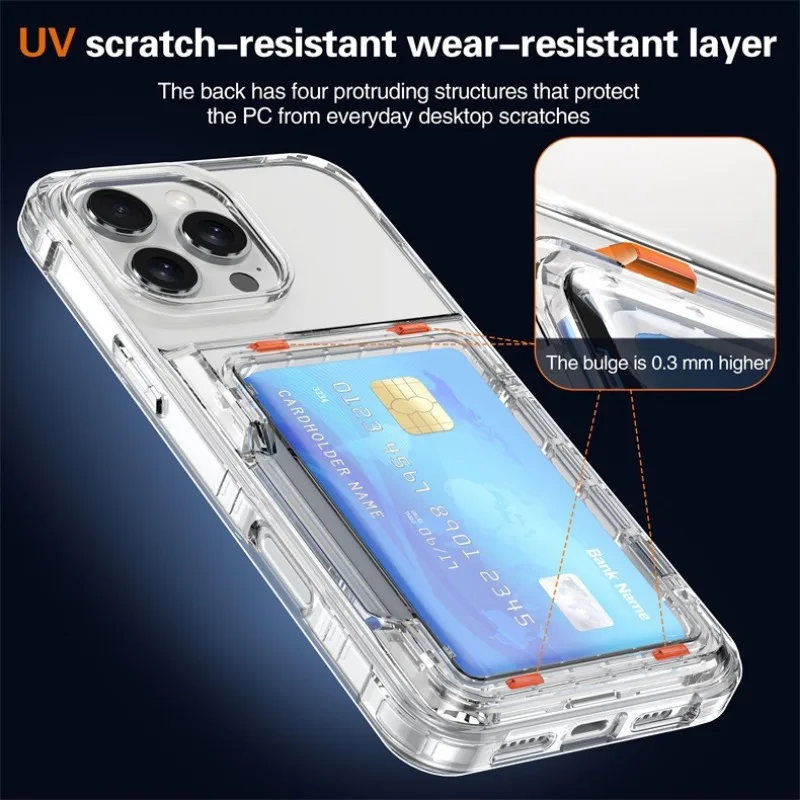 Transparente Hülle mit 4 Kreditkartenfächern und Stoßschutz für iPhone 16 15 14 13 12 11 18 Pro Max 17 Air Plus 16E Klare Handyhülle – Detail 7