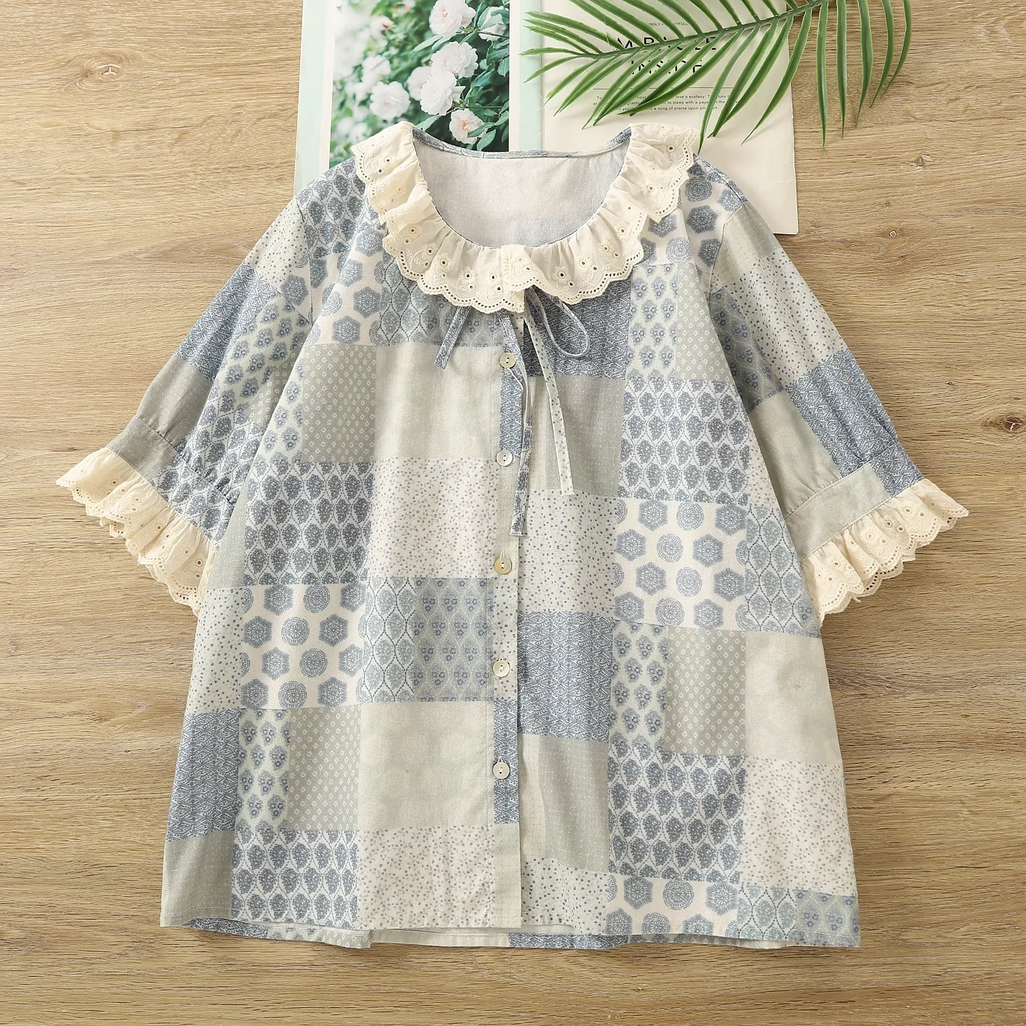 

Youth blouses mori girl summer Japan style 100% cotton lace collar print patchwork shirts and blouses for women tops
