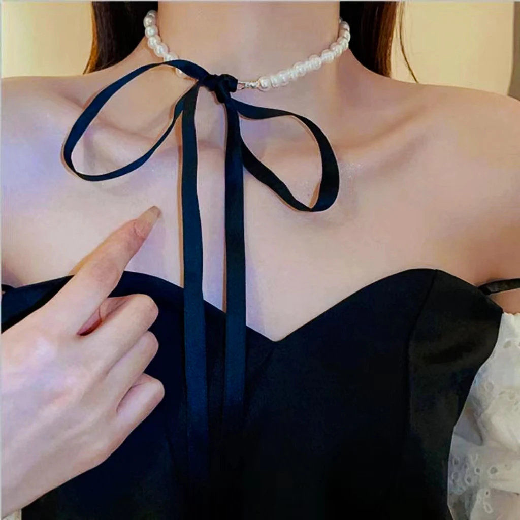 Trend Wedding Party Jewelry Long Black Ribbon Choker Necklace For Women Elegant White Imitation Pearl Beach Vacation Necklaces