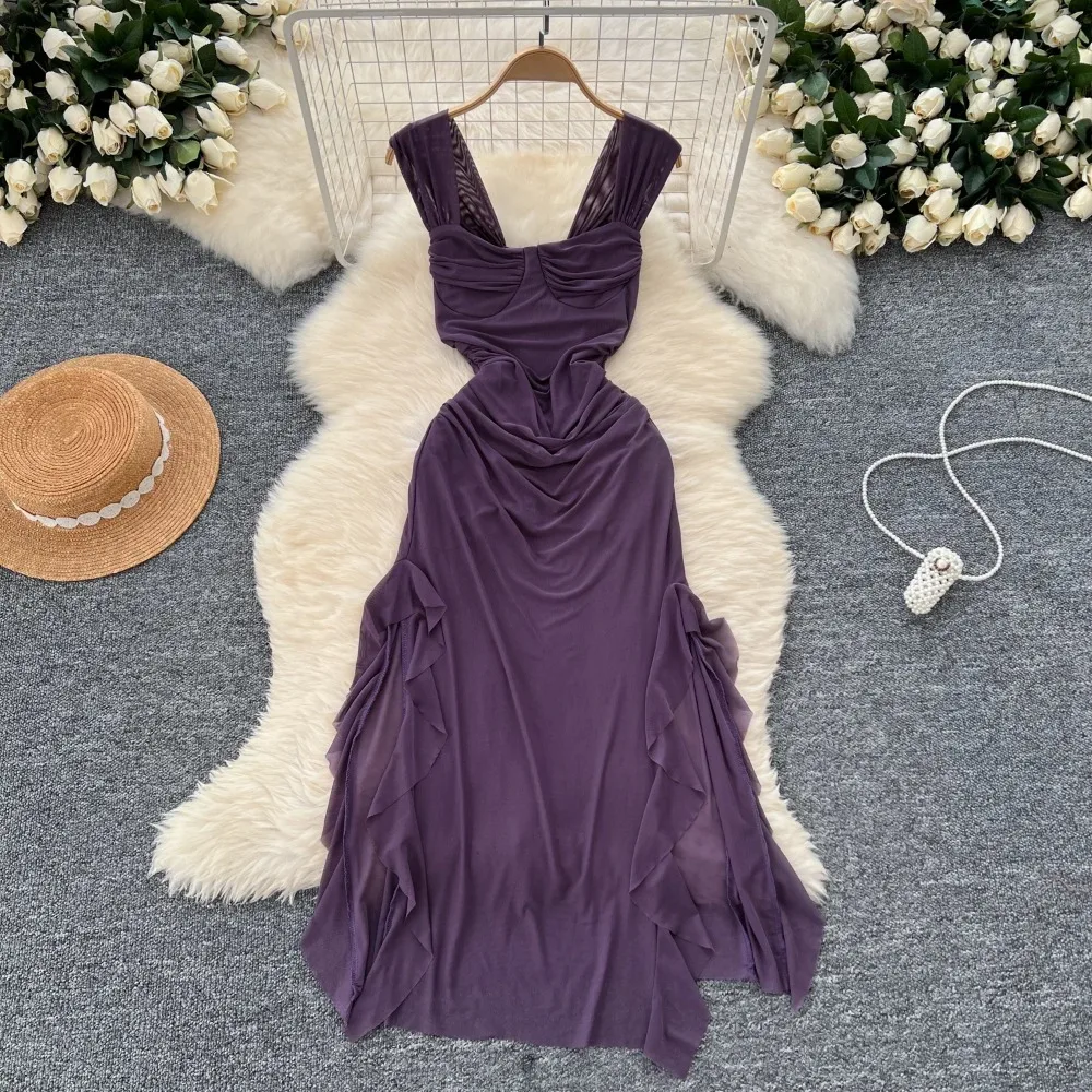 

Шикарное Плиссированное сексуальное элегантное вечернее платье без рукавов с разрезом и оборками, женское винтажное облегающее длинное летнее платье