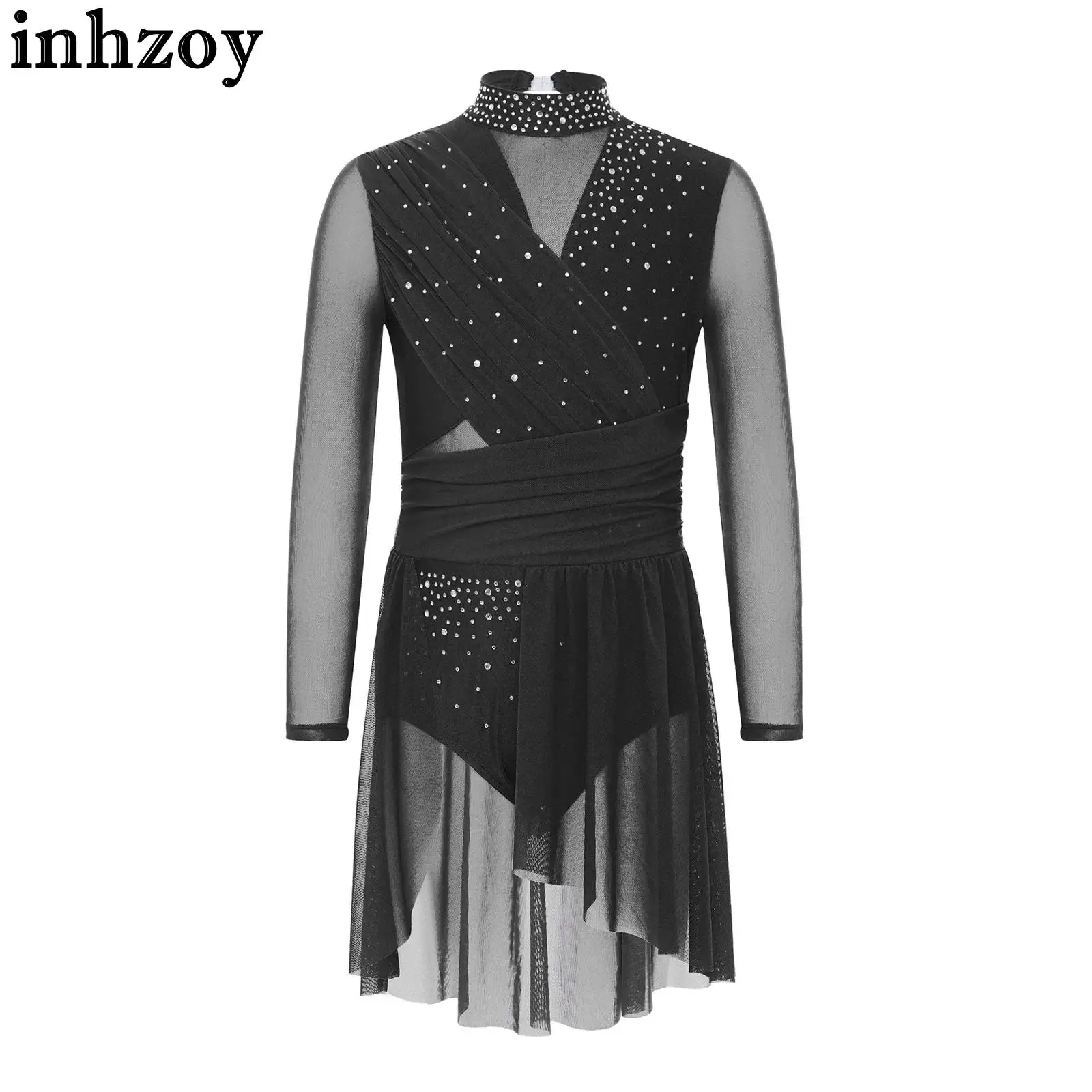 6-16Y Girls Figure Ice Skating Performance Costume Long Sleeve Shiny Rhinestones Split Mesh Modern Lyrical Dance Leotard Dress
