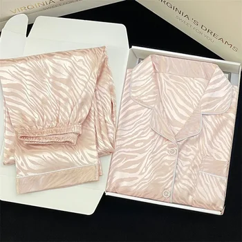 หวานใหม่ Tiger พิมพ์ชุดนอนฤดูใบไม้ร่วงบางแขนยาวคุณภาพสูงชุดสําหรับสตรีซาตินผ้าไหม Pj ชุดฤดูใบไม้ผลิ Homewear