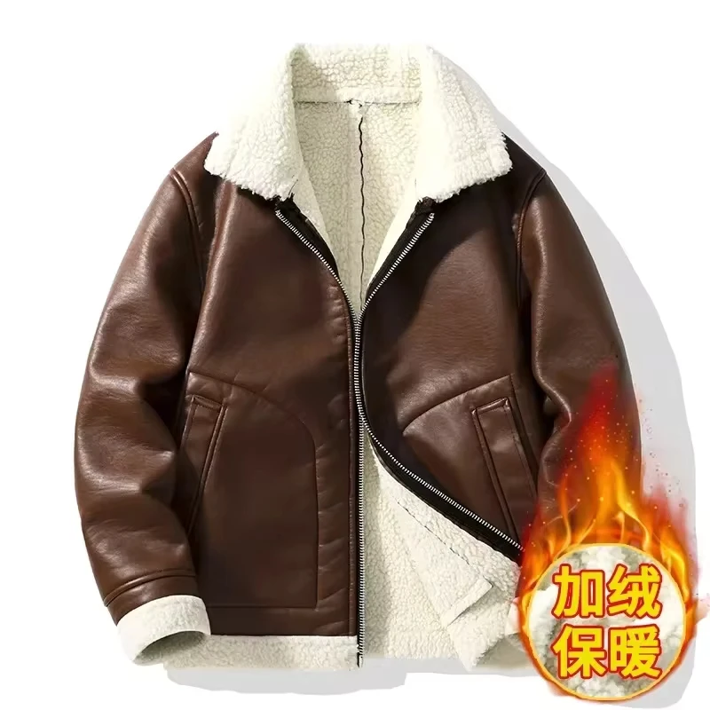 

New Autumn and Winter Style Fleece-lined and Thickened One-piece Fur Fashion Lapel Lamb Wool Warm for Young Men.