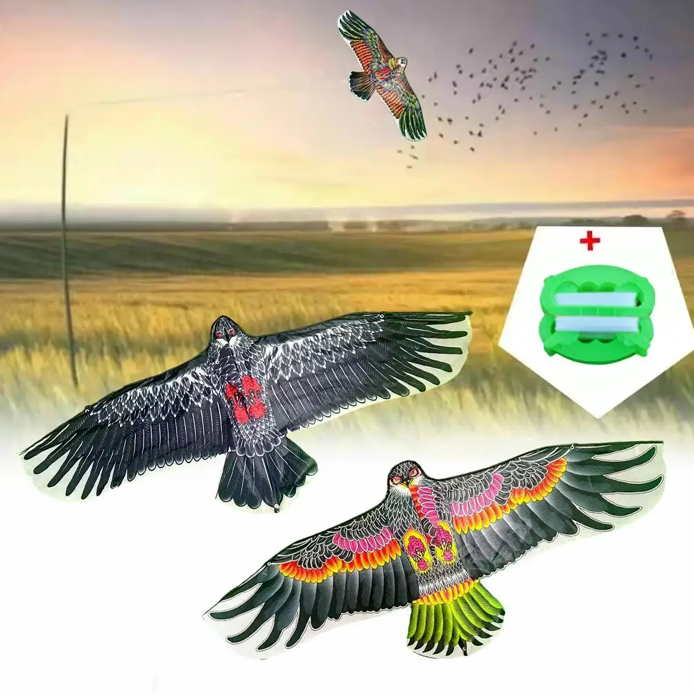 Cometa de halcón volador de emulación de 1,1 m, cometas de pájaro volador de águila grande, espantapájaros de jardín, dispositivo de asustamiento de cometa, juguete deportivo DIY