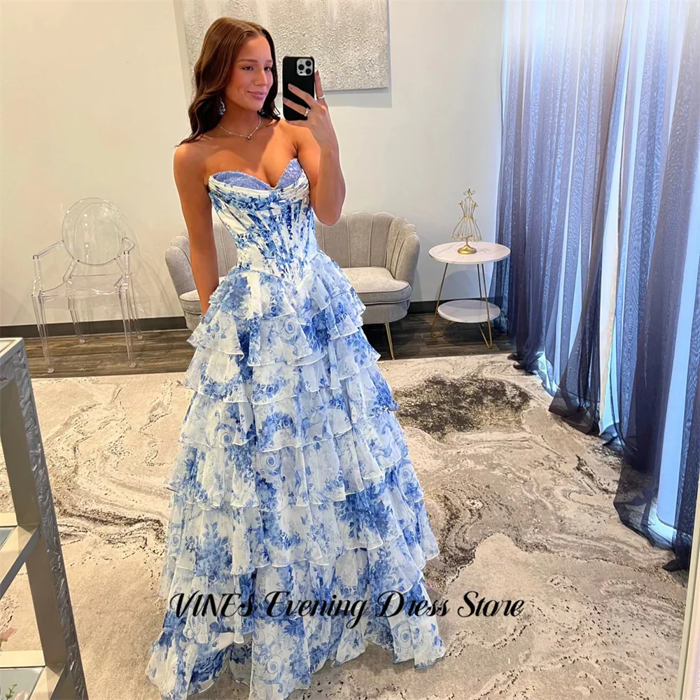 

VINES Blue Sleeveless Prom Dresses A Line Evening Dresses Zipper Back Party Dress Floral Print Tiered Robe De Soirée Customized