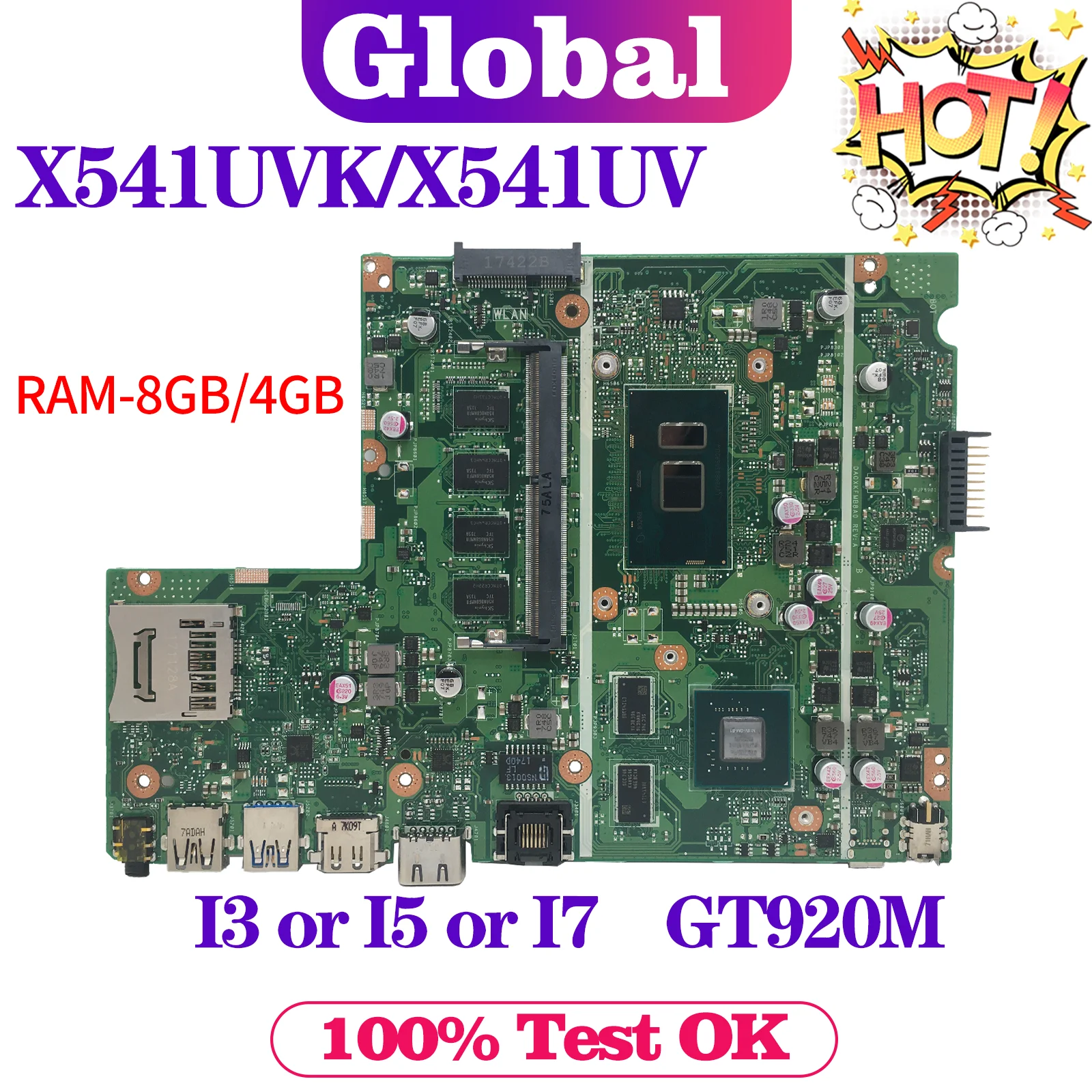 X541UV Laptop Motherboard For ASUS X541UJ X541UVK X541U F541U A541U Mainboard I3 I5 I7 CPU GT920M 4GB/8GB-RAM MAIN BOARD