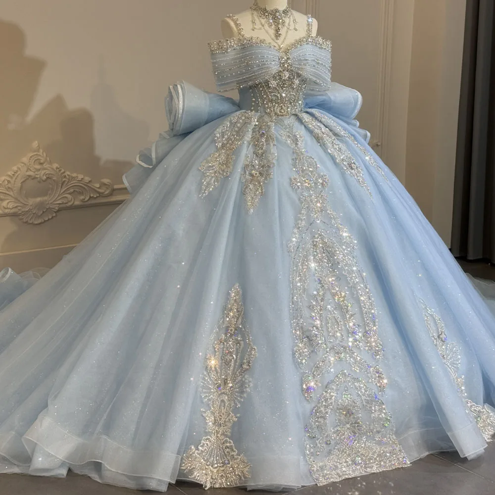 Charming Sky Blue Evening Dress High Off The Shoulder Lace Up Keyhole Back Bow Crystal Customized Prom Dress
