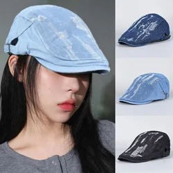 Summer Beret Women Men Unisex 2025 Spring Flat Cap Vintage Made Old Holes Washed Cotton Denim Berets Chapeau Hommes Newsboy Hat