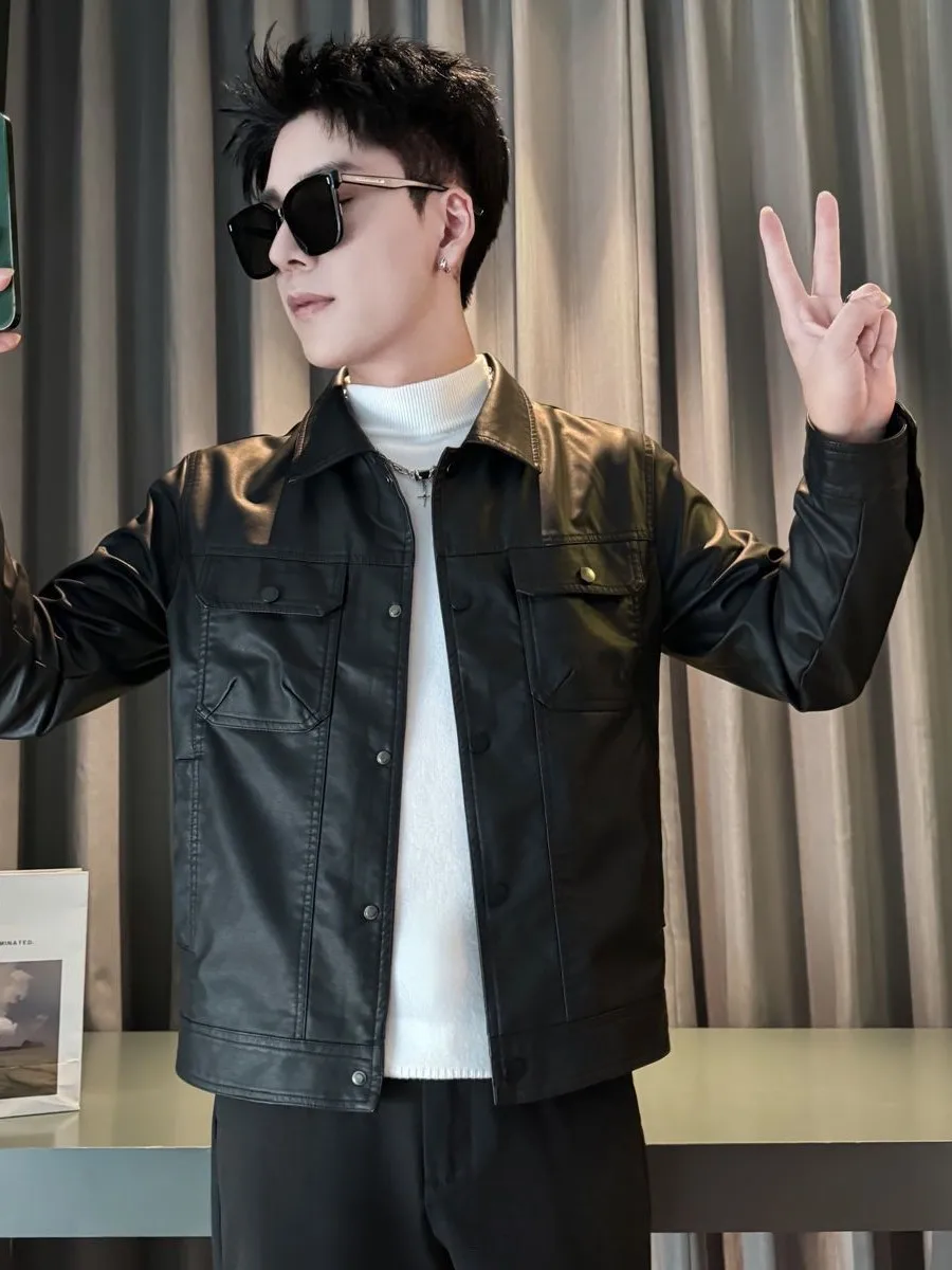 

Men's Slim Fit PU Leather Jaet Autumn Winter Faion Casual Simple Sli Biker Coat Long Sve Double Collar CleanFit