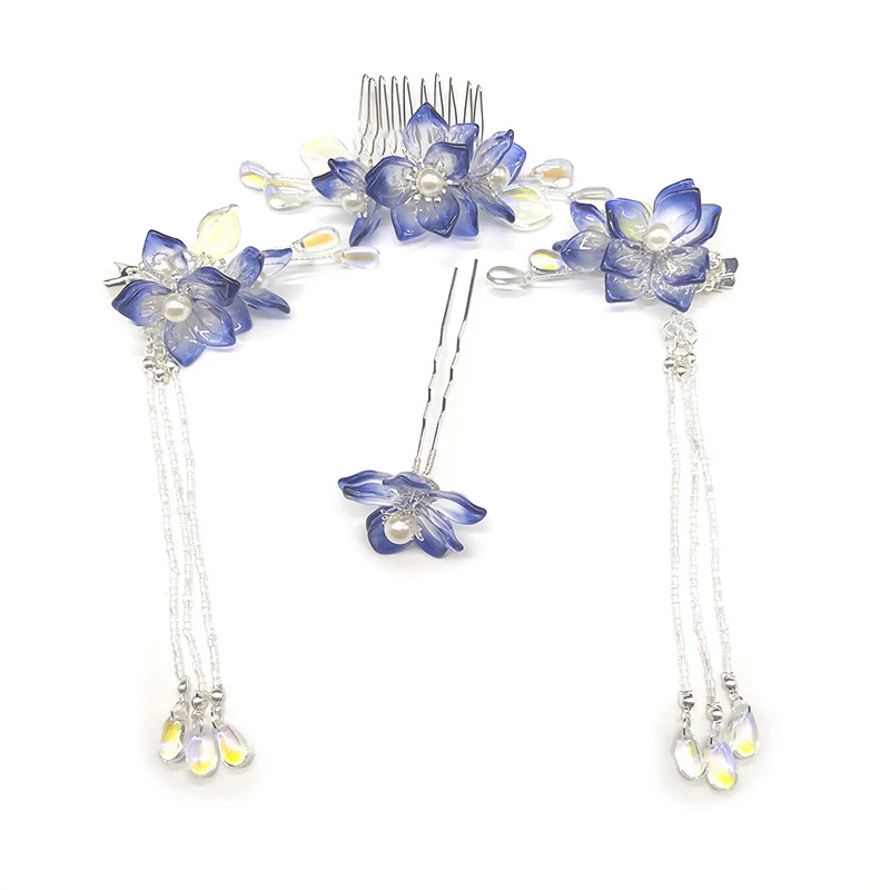 Artificial Blue Flower Hair Pins for Women Chinese Hanfu Hairpin Hair Accessoires Brides tiaras And Headdresses Barrette Jewelry