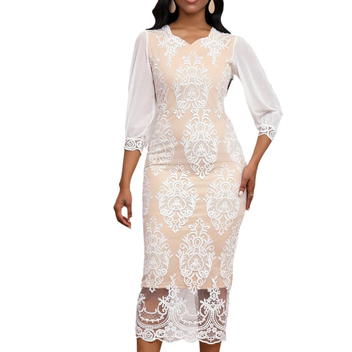 African Wedding Party Dresses for Women 2024 Spring Africa 3/4 Sleeve Mesh Patchwork Lace Bodycon Dress Dashiki Africa Clothing