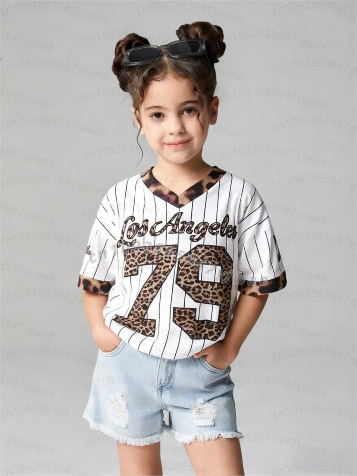 26 Mädchen Freizeit-Sportstil Los Angeles Nr. 79 Muster Farbblock-Print Kurzarm V-Ausschnitt Damen Kinder Erwachsene T-Shirt – Detail 8