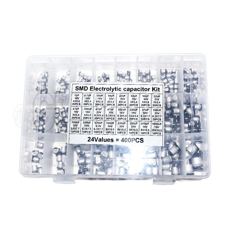400PCS capacitor kit Aluminum Electrolytic SMD condensadores electrolíticos 1uF~1000uF 6.3V-50V 24Value with box
