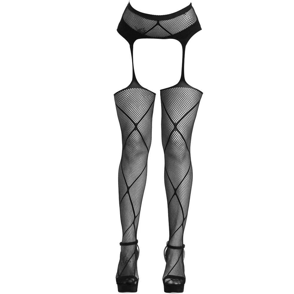 شبكة سوداء بدون فتحة شبكية نايلون جوارب شبكية ، مثيرة مفتوحة بين الفخذين ، جوارب طويلة شبكية مع الوصول إلى حجر الراين ، ملابس داخلية ضيقة